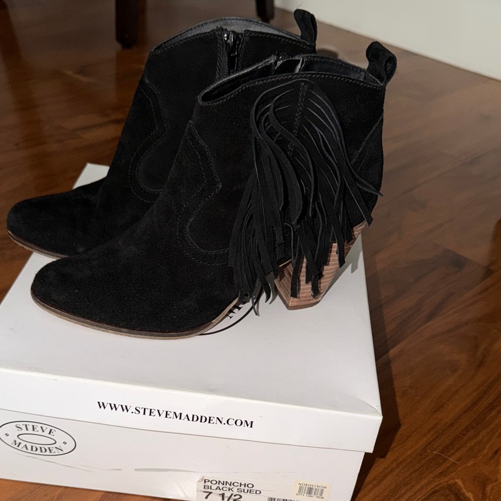 Steve Madden Black Suede Fringe Ankle Boots 7.5